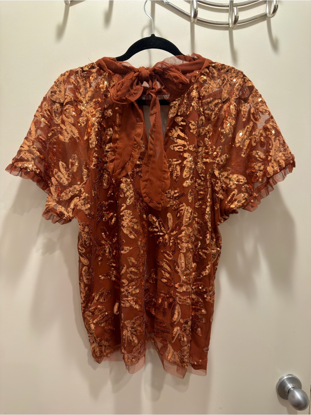 Anthropologie Copper Sequin Leaf Mesh Blouse Large New with tags - Picture 8 of 12